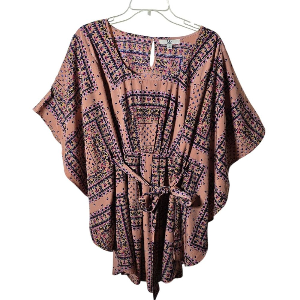 Boho Kimono Top Womens Large Pink Floral Peasant Blouse Tie Waist Festival Tunic